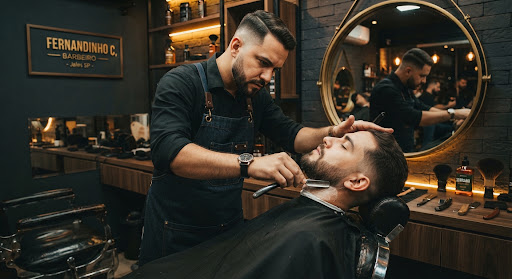 Mestre barbeiro realizando corte e alinhamento de barba em barbearia clássica em Jales SP