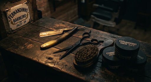 Ferramentas profissionais de barbearia clássica organizadas sobre bancada de madeira